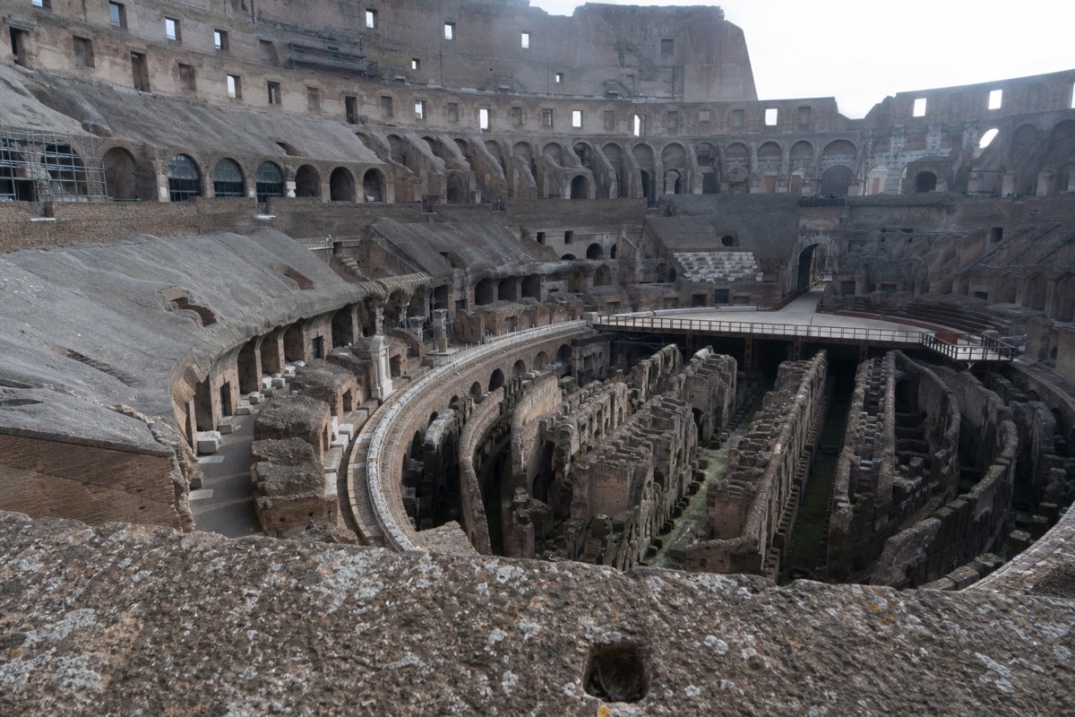 The interior of the Colosseum showing the arena floor and underground chambers covered by Colosseum tickets