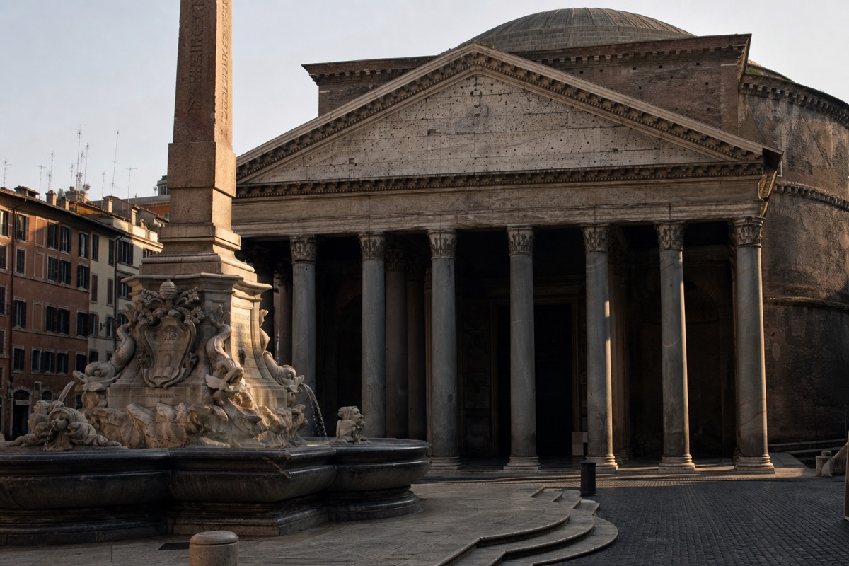 The Pantheon's portico and columns on Piazza della Rotonda, a highlight when planning days in Rome