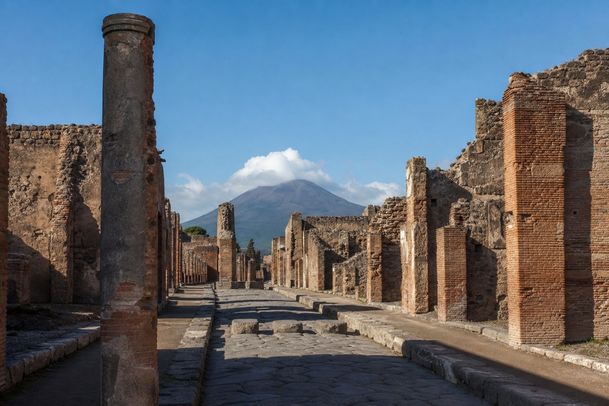 A colonnaded street in the excavated Pompeii ruins with Vesuvius behind on a Pompeii day trip from Rome