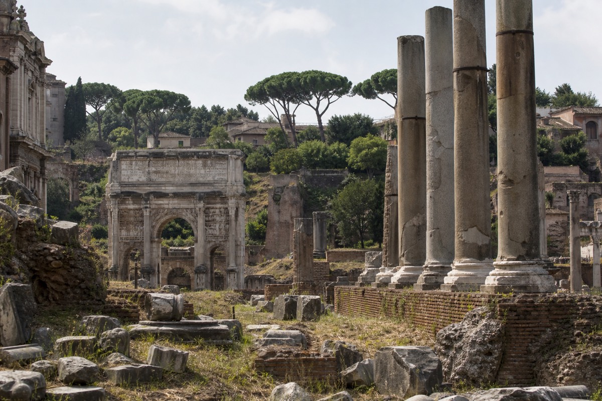 The columns and arches of the Roman Forum, a classic stop on tours of Rome