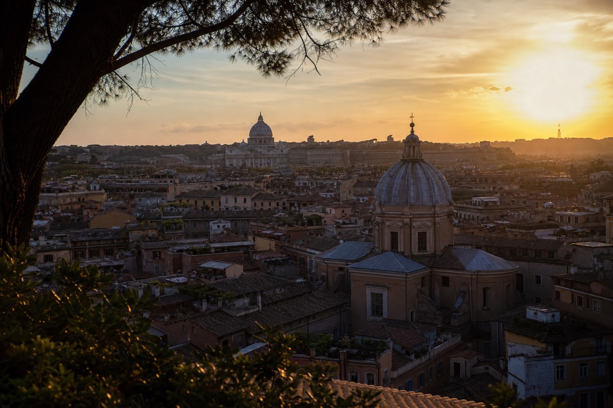 Rome's domes and rooftops glow in warm late-afternoon light, showing the city during the best time to visit Rome
